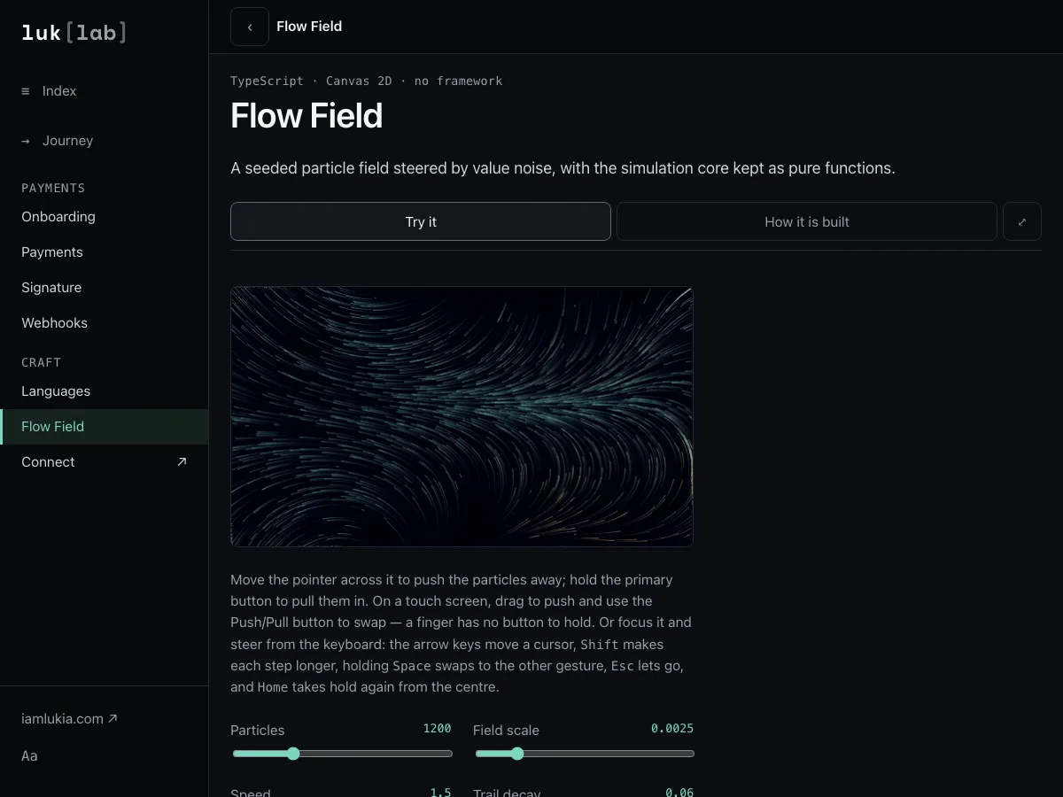 The lab's Flow Field showcase: a seeded particle field curling across a dark canvas, with particle-count and field-scale controls beneath it.