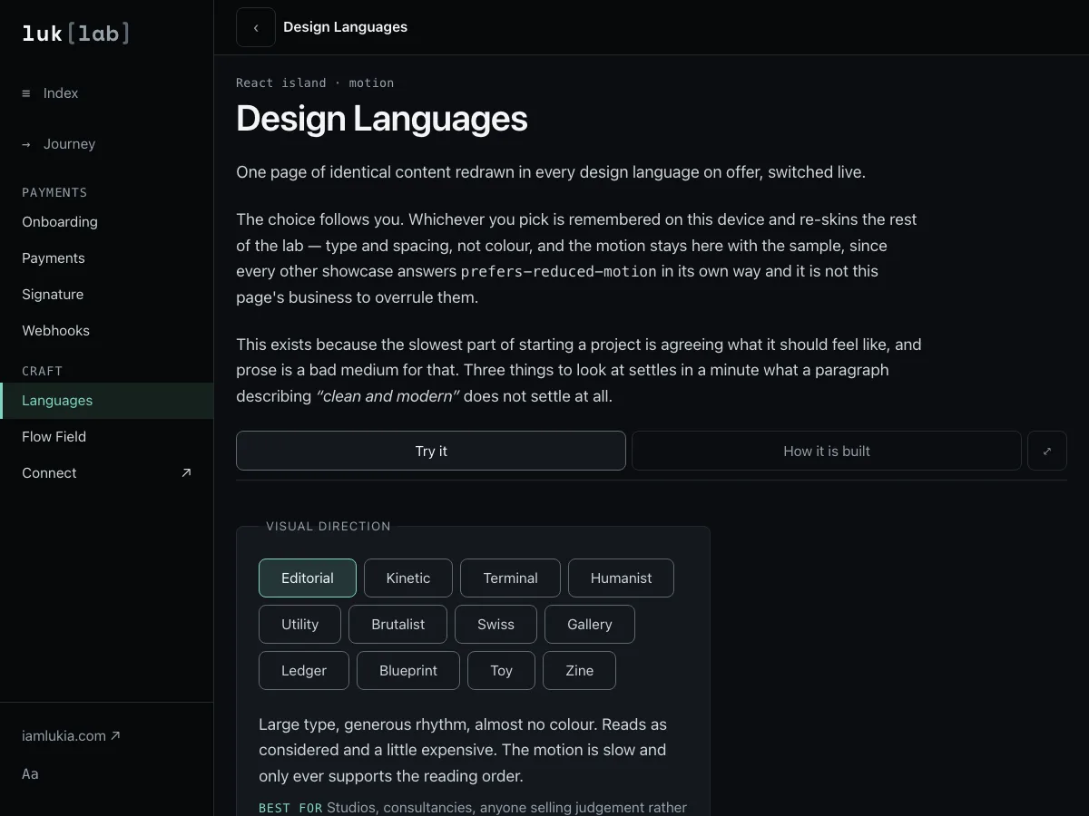 The lab's Design Languages showcase, one layout rendered under several visual treatments.