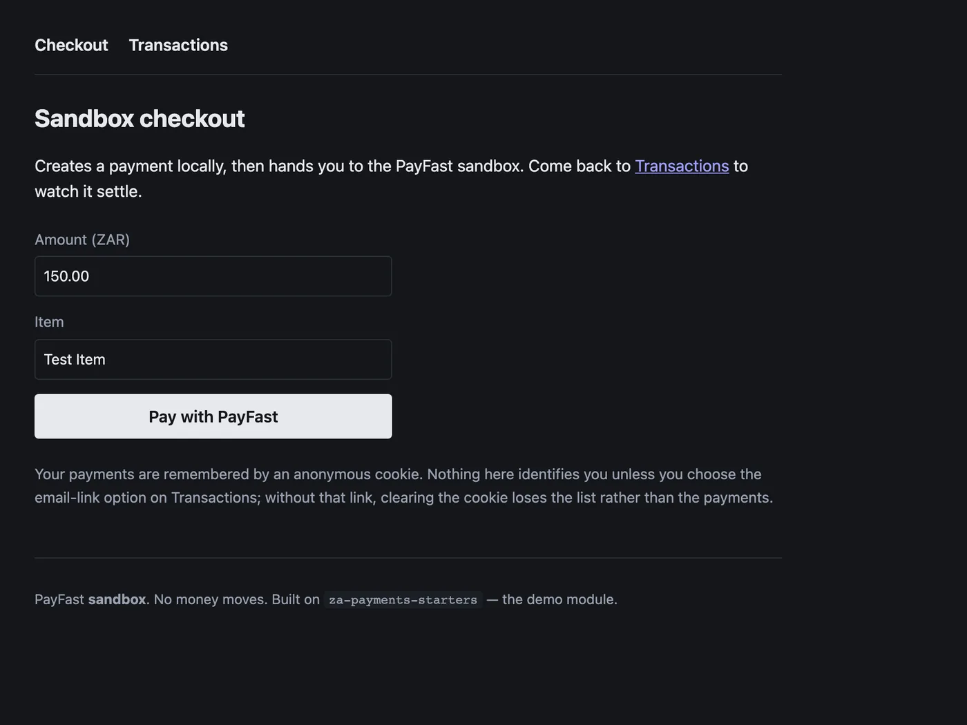 The PayFast sandbox checkout built from these kits: an amount and item field above a Pay with PayFast button, over a note that no money moves.