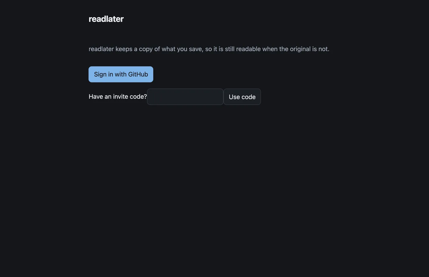 readlater's sign-in screen — the app is single-user behind a GitHub allowlist, so this is as far as a visitor gets.