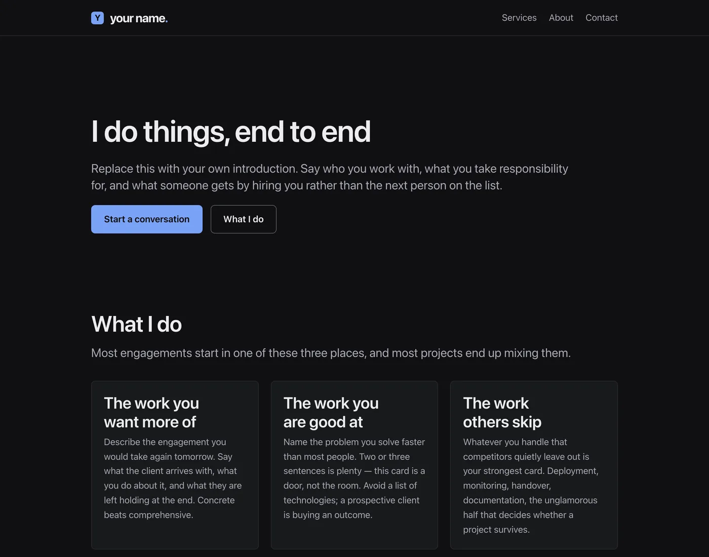 The zero-JS Astro starter's live demo at template.iamlukia.com, showing the template's own home page.