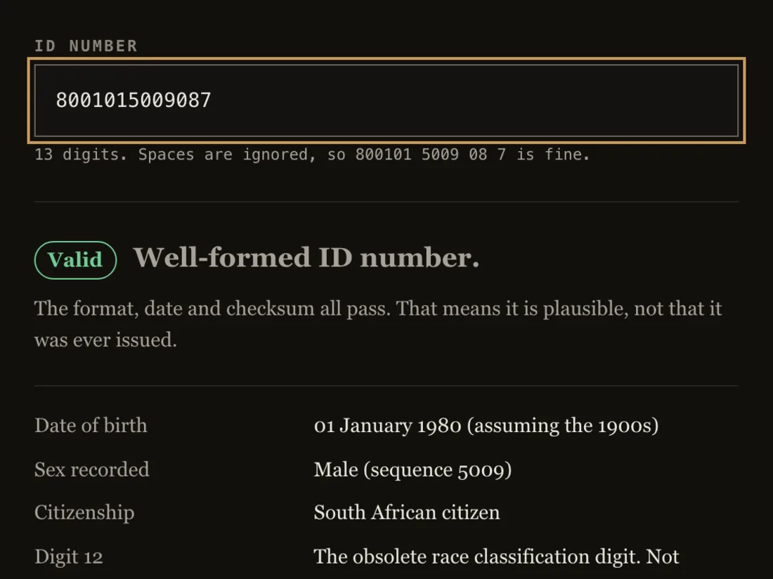The SA ID validator showing a Valid badge over the decoded rows — date of birth, sex recorded, citizenship, the obsolete digit twelve, and a matching checksum.