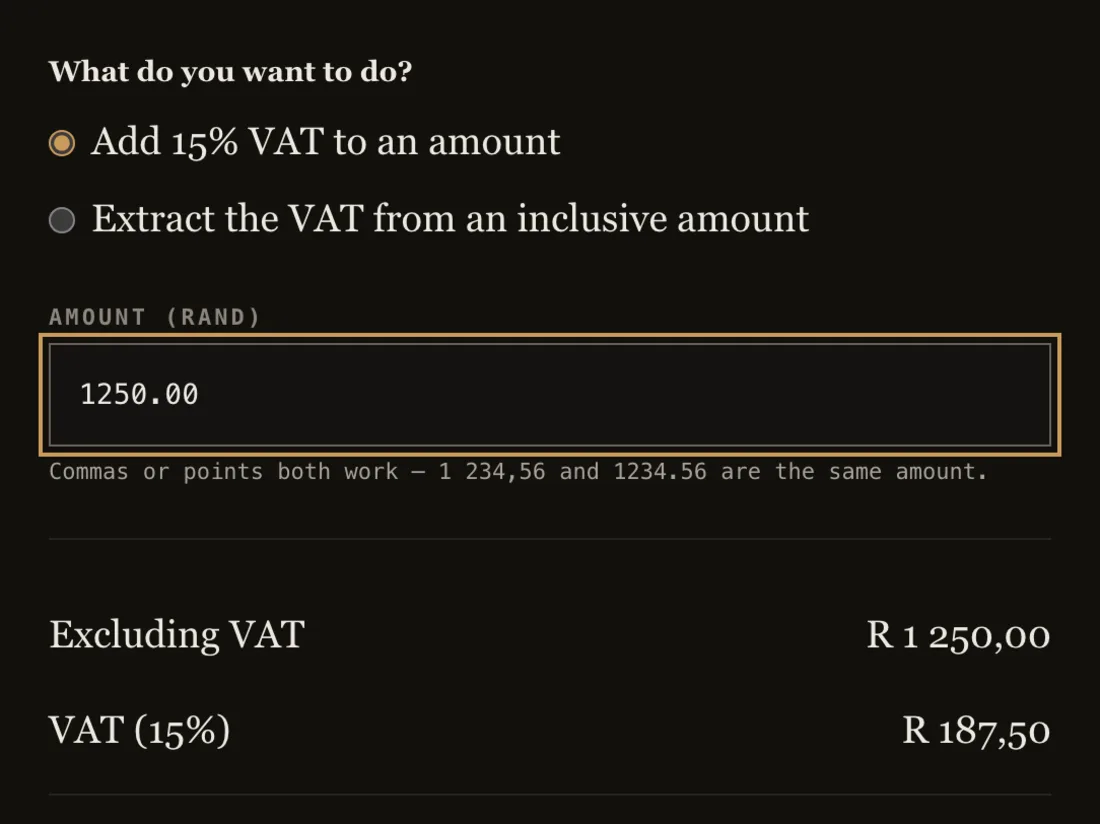 The VAT calculator with R1 250,00 entered, showing the three-line breakdown: excluding VAT R1 250,00, VAT at 15% R187,50, and including VAT R1 437,50.