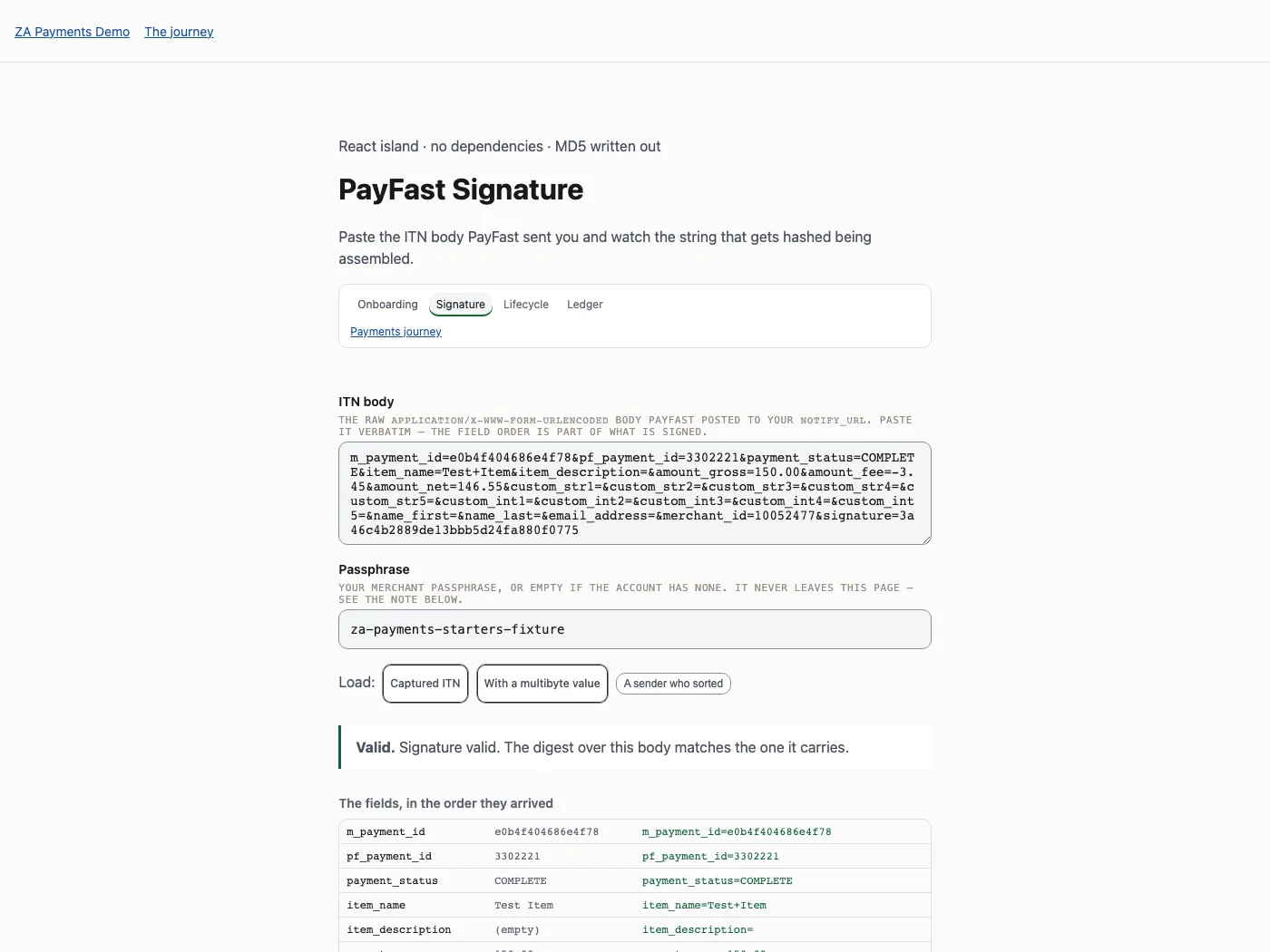 The ZA Payments Demo signature tracer: a pasted PayFast ITN body above a green Valid verdict, over a table listing each field in the order it arrived with the exact string being hashed beside it.